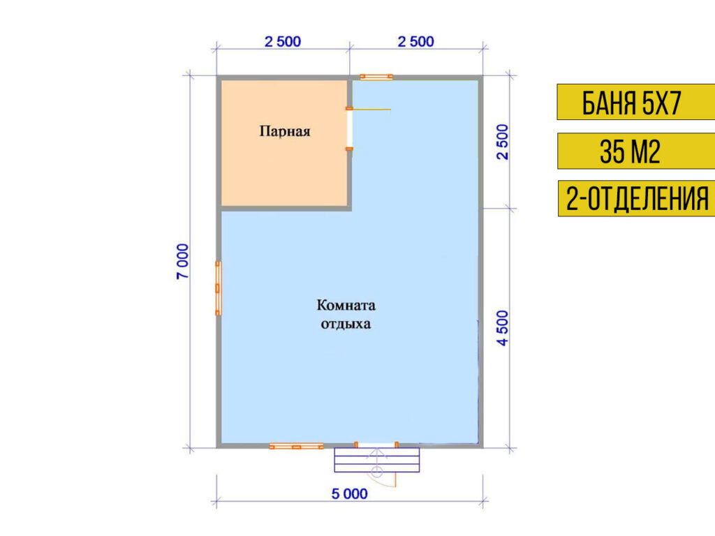 Планировка Каркасная Баня 5 X 7 на 2 отделения БН-117