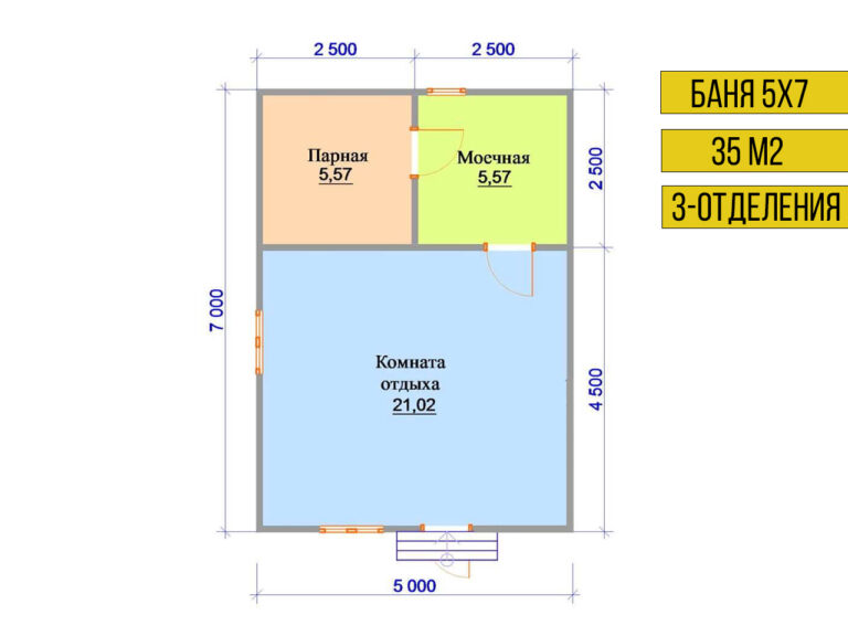 Планировка Каркасная Баня 5 X 7 на 3 отделения БН-118